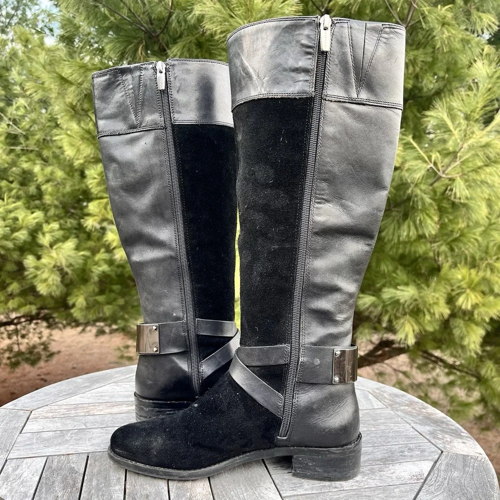 Vince Camuto Jaran Riding Boot Womens 7 Tall Black Leather Suede Silver Hardware